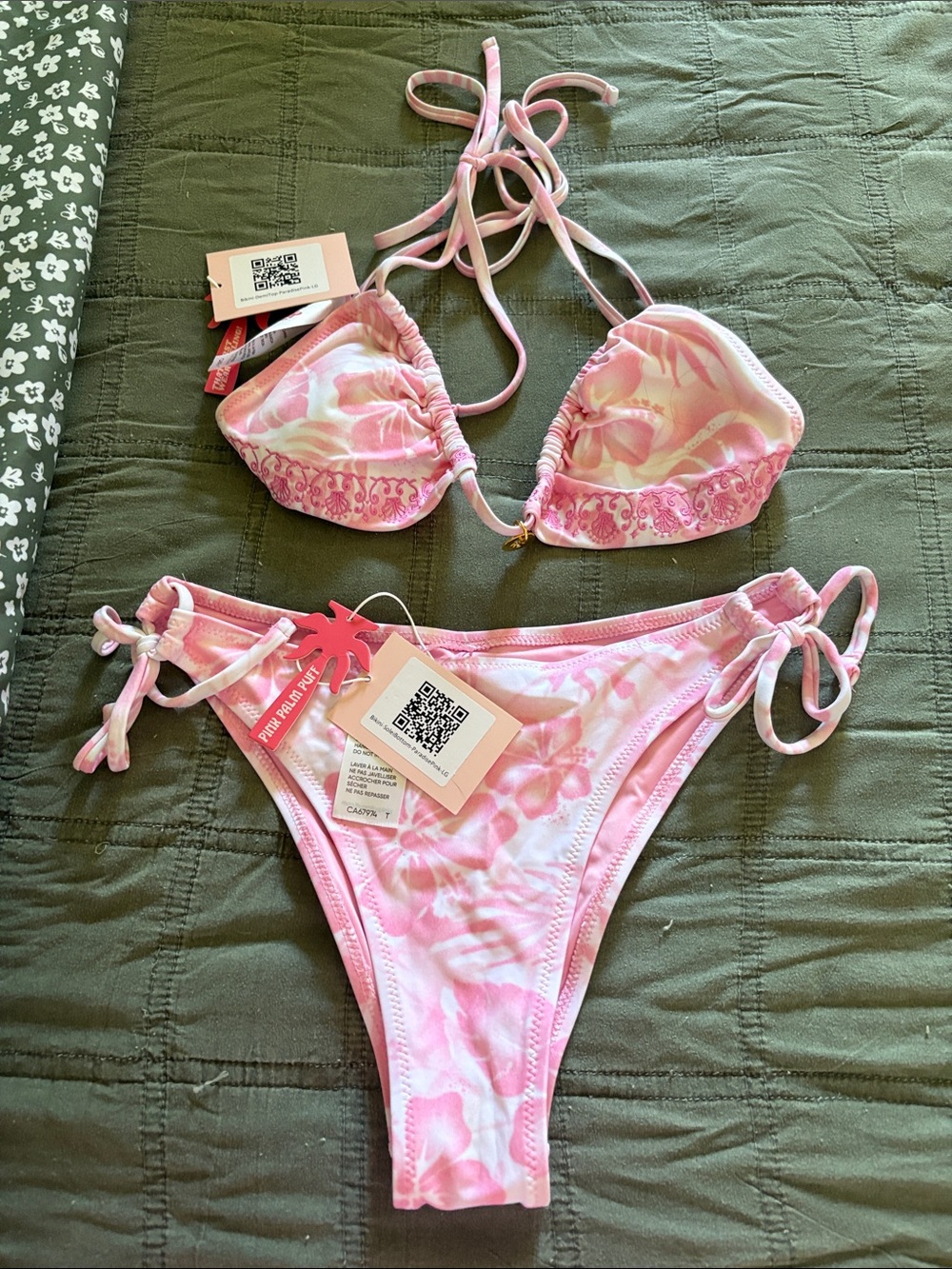 Pink Palm Puff paradise pink Tie-Side Bandeau Bikini Set - Picture 2 of 2